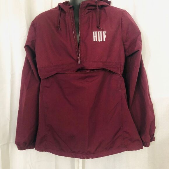 NWOT HUF MENS MAROON SMALL HOODED HALF ZIP WINDBREAKER W ELASTIC AND 3 POCKETS - Picture 5 of 10